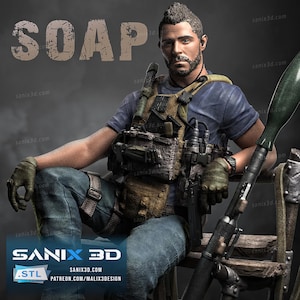 May include: A detailed 3D model of a man in military gear, seated with a weapon. The figure wears a blue shirt, tactical vest, and jeans. The word "SOAP" is above the figure. The image includes the website "sanix3d.com" and "PATREON.COM/MALIX3DESIGN".