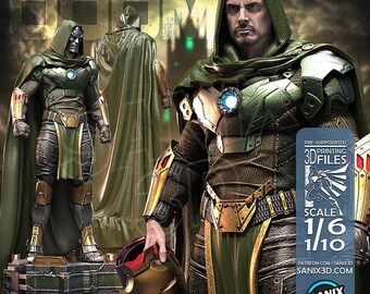 Può includere: Statua dettagliata di Iron Doom, un personaggio in armatura verde e oro con un mantello con cappuccio. La statua tiene un elmo ed è su una base di pietra. L'immagine include il testo che dice "PRE-SUPPORTED 3D PRINTING FILES" e "SCALE 1/6 1/10".
