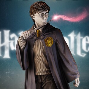 May include: A digital illustration of a character from the Harry Potter series, holding a wand with a glowing pink effect. The character wears glasses, a striped shirt, and a dark robe with a gold emblem. The background features the Harry Potter logo.