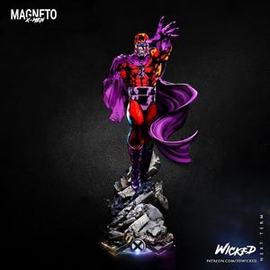 May include: A statue of Magneto from X-Men, in a dynamic pose with a raised hand. The figure wears a purple cape and helmet, with a red and purple suit. The statue stands on a rocky base, with the text "MAGNETO X-MEN" and "WICKED" visible.