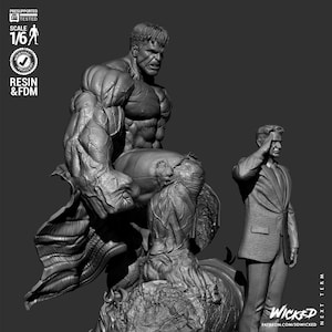 Può includere: Una statua di Hulk in scala 1/6 in scala di grigi in resina e FDM con una figura più piccola che saluta. Hulk è seduto, muscoloso e dettagliato. La figura più piccola indossa un abito. L'immagine include testo: PRESUPPORTED, TESTED, SCALE 1/6, RESIN & FDM, WICKED e NEXT TERM.