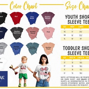 Pu&ograve; includere: Una tabella dei colori e una tabella delle taglie per magliette a maniche corte per ragazzi e bambini piccoli. La tabella dei colori mostra vari colori di magliette, tra cui nero, rosso e blu navy. La tabella delle taglie fornisce misure in centimetri.