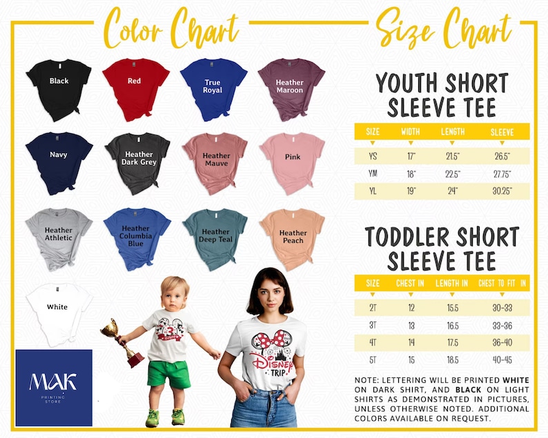 Pu&ograve; includere: Una tabella dei colori e una tabella delle taglie per magliette a maniche corte per ragazzi e bambini piccoli. La tabella dei colori mostra vari colori di magliette, tra cui nero, rosso e blu navy. La tabella delle taglie fornisce misure in centimetri.