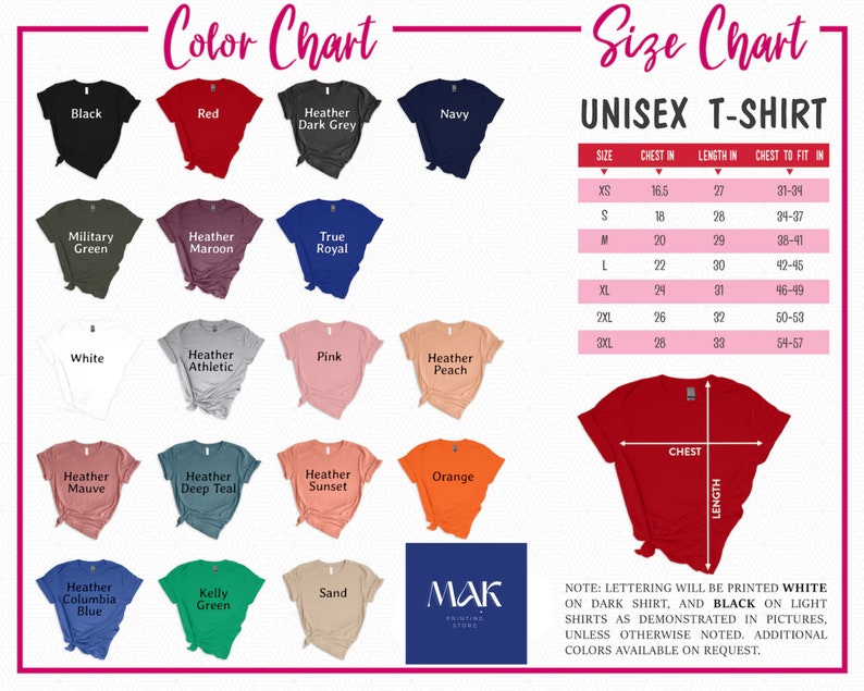 Pu&ograve; includere: Tabella dei colori e tabella delle taglie per una t-shirt unisex. La tabella dei colori mostra vari colori di t-shirt, tra cui nero, rosso e blu navy. La tabella delle taglie fornisce misure in cm per il petto e la lunghezza, da XS a 3XL.