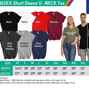 Pu&ograve; includere: Una maglietta unisex a maniche corte con scollo a V in vari colori, tra cui nero, bianco, rosso e blu navy m&eacute;lange. L'immagine mostra dettagli di taglie e misure, con larghezze da 41,9 cm a 81,3 cm e lunghezze da 68,6 cm a 88,9 cm.