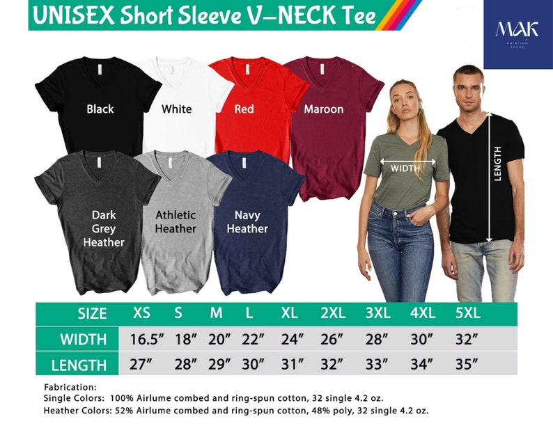 Pu&ograve; includere: Una maglietta unisex a maniche corte con scollo a V in vari colori, tra cui nero, bianco, rosso e blu navy m&eacute;lange. L'immagine mostra dettagli di taglie e misure, con larghezze da 41,9 cm a 81,3 cm e lunghezze da 68,6 cm a 88,9 cm.