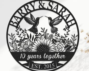 Personalized 10th Anniversary Gift for Couples, Custom 10 Year Anniversary Sign, Tin Anniversary Gift, Wedding Anniversary Metal Wall Art