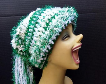 Hand Crocheted Long Slouchy Beanie with lots of Texture & Bling in Kelly Green and White