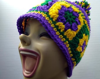 Handmade Crocheted Beanie Hat with Granny Squares for Mardi Gras