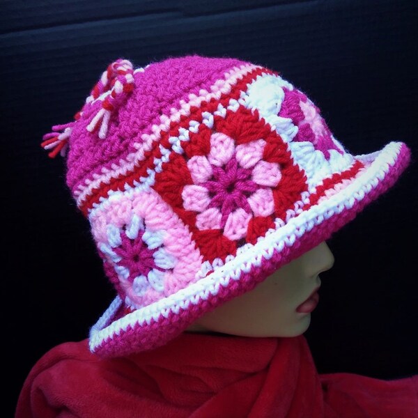 Valentine's Day Hat in Red, Pinks, White - Brimmed Bucket Hat with Earflaps and Granny Squares