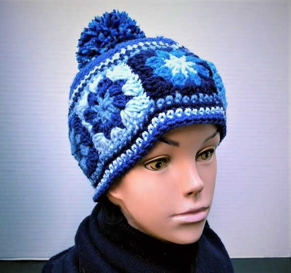 Handmade Blue and White Beanie Unisex Handmade Crochet Ribbed Beanie With Faux Fur Pompom  main image 3