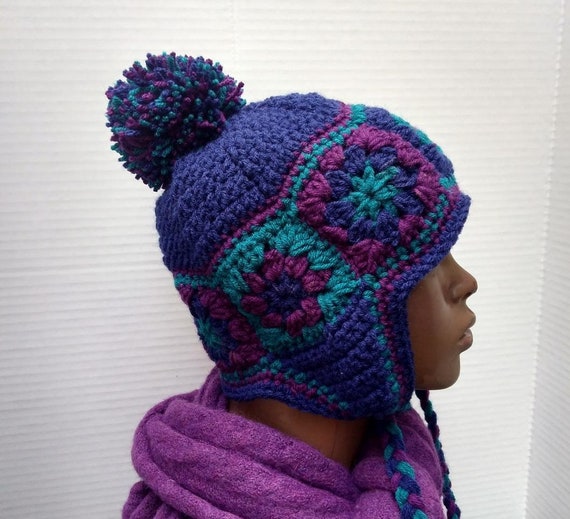 Boho Style Purple, Navy and Teal Handmade Winter Hat With  display picture 3