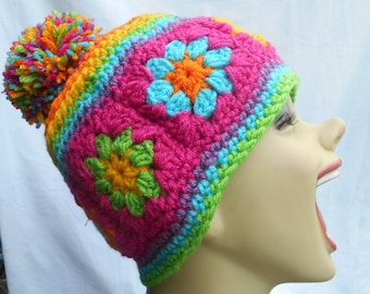 Handmade Crocheted Beanie Hat with Granny Squares