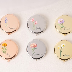 Custom Compact Mirror with Birth Flower,Custom Name Pocket Mirror,Gift For Wedding,Bachelorette Favors,bridesmaid custom gifts,Birthday
