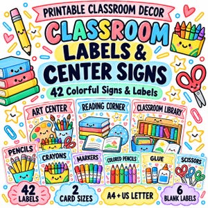 Puede incluir: Un conjunto de decoración para el aula imprimible con el texto "CLASSROOM LABELS & CENTER SIGNS" y "42 Colorful Signs & Labels". El diseño incluye ilustraciones de un lápiz, libros, crayones y tijeras con caras, además de etiquetas para el aula.