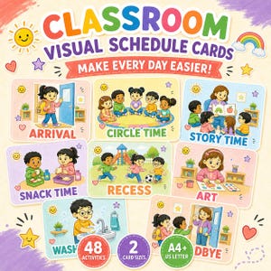 May include: A set of classroom visual schedule cards featuring colorful illustrations of children engaged in daily activities like arrival, circle time, story time, snack time, recess, art, and washing hands, with text labels for each activity.