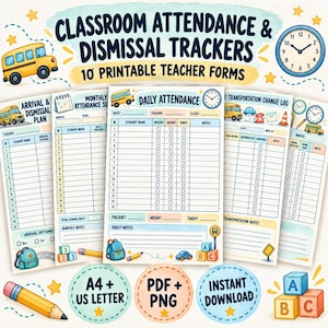 Könnte beinhalten: Ein Set aus 10 druckbaren Anwesenheits- und Entlassungsformularen für das Klassenzimmer mit Illustrationen von Schulbussen, Uhren und Alphabet-Blöcken. Die Dokumente enthalten Felder für Schülernamen, Daten und tägliche Notizen.