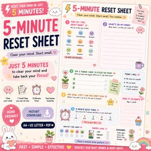 Puede incluir: Una hoja de planificación 5-Minute Reset Sheet con secciones para seguimiento del estado de ánimo, vaciado mental, enfoque diario y pequeños pasos. El diseño incluye colores pastel, ilustraciones de un conejo, flores y un reloj, con textos para la atención plena.