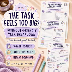 Peut inclure: Un kit d'outils de 3 pages pour la gestion des tâches en cas de burn-out, avec des illustrations pastel de nuages, d'étoiles et de cœurs. Les feuilles imprimables incluent des sections pour décomposer les tâches et planifier le travail.