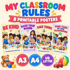 Può includere: Un set di 8 poster stampabili con le regole della classe, caratterizzati da illustrazioni colorate di bambini in un ambiente scolastico. Il testo include My Classroom Rules, Be Kind, Raise Your Hand, Take Turns e Take Care of Our Classroom. Include formati A3, A4 e US Letter.