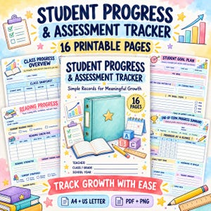 Strumento di monitoraggio dei progressi degli studenti, moduli di valutazione stampabili per gli insegnanti, raccoglitore dati di classe, 16 pagine