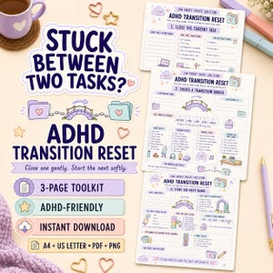 Op de afbeelding: Een driedelige ADHD-overgangstoolkit gedrukt op wit papier met pastelkleurige illustraties van wolken, bruggen en mappen. De tekst bevat 'Stuck Between Two Tasks?', 'ADHD Transition Reset' en 'Close one gently. Start the next softly.'