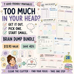Könnte beinhalten: Ein Set aus 7 ADHD-freundlichen, druckbaren Planungsblättern mit dem Titel Too Much In Your Head? Brain Dump Bundle. Enthält Vorlagen für Studium, mentale Belastung, kreative Ideen, Chaos-Klärung, 5-Minuten-Reset und Fokus-Sprints.