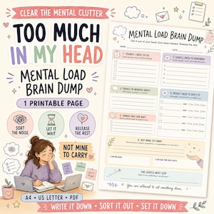 May include: A printable Mental Load Brain Dump page featuring sections for tasks, reminders, worries, and replies. The design includes pastel-colored boxes, a header titled Too Much In My Head, and an illustration of a person writing at a desk.