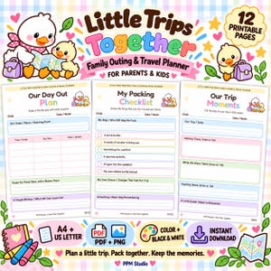 Family Travel Planner for Kids, Little Trips Together, 12 Printable Outing and Packing Pages, Travel Journal, A4 US Letter PDF PNG