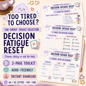 Puede incluir: Un kit de tres páginas Decision Fatigue Reset impreso en papel, con ilustraciones en tonos pastel violeta, azul y rosa de nubes y corazones. El texto incluye Too Tired To Choose, Low-Energy Toolkit Collection y secciones para aclarar opciones, aligerar decisiones y elegir, retrasar o delegar tareas.