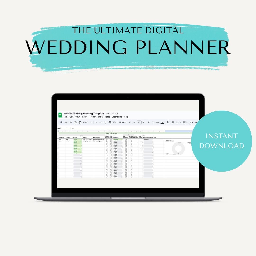 Digitaler Hochzeitsplaner - Sofortiger Download von Google Sheet - Vollständig anpassbar - Hochzeitsplanung - Stressfreie Hochzeitscheckliste