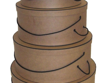 Brand New USA made Set of 4 Hatboxes for all your Gift Basket or Centerpiece ideas! - NATURAL KRAFT w/Black Trim