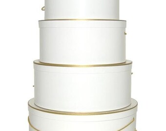 Brand New USA made Set of 4 Hatboxes for all your Gift Basket or Centerpiece ideas! - WHITE w/ Gold Trim