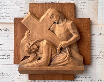 Chemin de croix en bois sculpté à la main vintage Plaque de sculpture de Jésus Allemagne