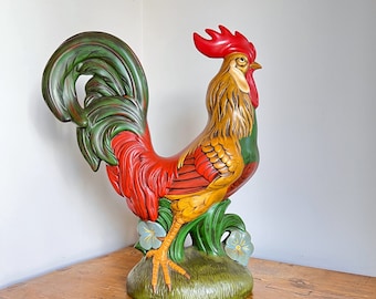 Statue coq poulet en céramique primitive vintage