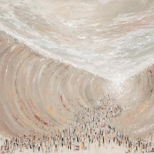 May include: An abstract painting depicting a parting of waters, with a multitude of figures moving through the opening. The artwork uses a palette of beige, white, and brown tones, creating a textured, flowing effect. Signed by the artist, Kelli Noyes.
