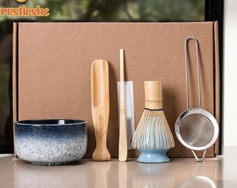 Hand-Painted Blue Ceramic Matcha Bowl Set, Matcha Tea Ceremony Set, Ceramic Matcha Bowl with Bamboo Whisk and Chasen Holders, Matcha Gifts