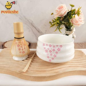 Hand-painted Sakura Ceramic Matcha Bowl Set, Ceramic Matcha Bowl with Bamboo Whisk and Chasen Holders, Matcha Tea Ceremony Set, Matcha Gifts