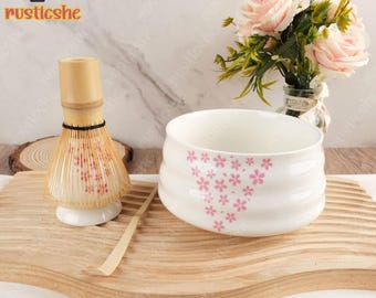Hand-painted Sakura Ceramic Matcha Bowl Set, Ceramic Matcha Bowl with Bamboo Whisk and Chasen Holders, Matcha Tea Ceremony Set, Matcha Gifts