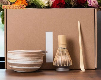 Hand-Painted Brown Ceramic Matcha Bowl Set, Matcha Tea Ceremony Set, Ceramic Matcha Bowl with Bamboo Whisk and Chasen Holders, Matcha Gifts