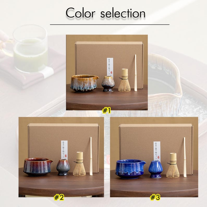 May include: Three sets of matcha tea ceremony tools, each set includes a bowl, whisk, and a bamboo scoop. The bowls are in different colors: blue, brown, and green. Each set is displayed on a wooden box with the text "Color selection" at the top.