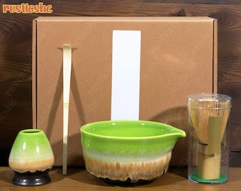 Handmade Gradation Green Glaze Ceramic Matcha Bowl Set,Matcha Tea Ceremony Set,Ceramic Matcha Bowl with Bamboo Whisk and Chasen Holders,Gift