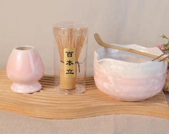 Pink Matcha Tea Set – Crystal Glaze Ceramic Bowl & Cup with Bamboo Whisk, Japanese Tea Ceremony Kit, Gift for Tea Lovers