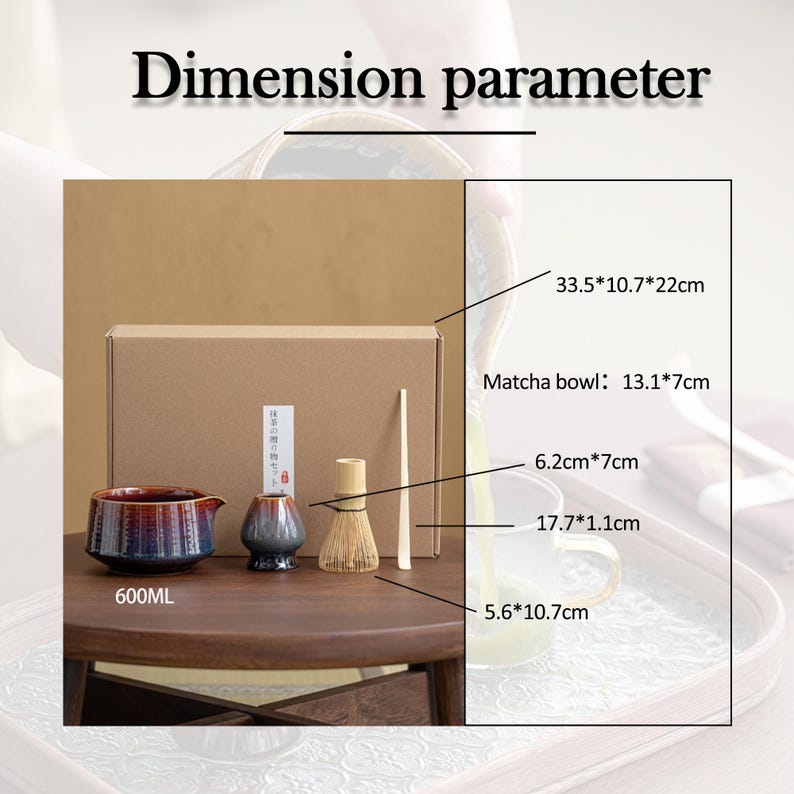 May include: A brown cardboard box with a Japanese inscription contains a matcha set. The set includes a brown and blue ceramic bowl, a small brown and blue ceramic pitcher, a bamboo whisk, and a wooden stick. The box measures 13.1 inches by 7 inches by 22 inches.