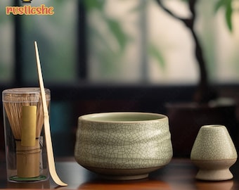 Handmade Green Ceramic Matcha Set,Ceramic Matcha Gift Set,Matcha Tea Set For Tea Lover,Bamboo Whisk And Scoop,Matcha Chawan,Tea Ceremony Set