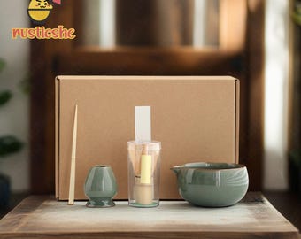 Green Ceramic Matcha Bowl Set With Bamboo Whisk And Holder,Matcha Gift Set For Tea Lover,Unique Matcha Kit Gift,Matcha Tea Ceremony Set,Gift