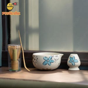 Hand-Painted Flower Ceramic Matcha Bowl Set, Matcha Tea Ceremony Set, Ceramic Matcha Bowl with Bamboo Whisk and Chasen Holders, Matcha Gifts