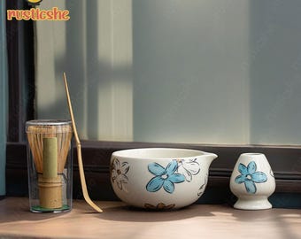 Hand-Painted Flower Ceramic Matcha Bowl Set, Matcha Tea Ceremony Set, Ceramic Matcha Bowl with Bamboo Whisk and Chasen Holders, Matcha Gifts