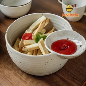 HandMade 5 inch Pottery Chip And Dip Bowl,Dip Me And Eat Me Chip And Dip Bowl,Ceramic Individual Snack Size Chip And Dip Platter,Unique Gift