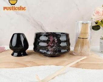 Hand-Painted Black Ceramic Matcha Bowl Set, Ceramic Matcha Bowl with Bamboo Whisk and Chasen Holders, Matcha Tea Ceremony Set, Matcha Gifts